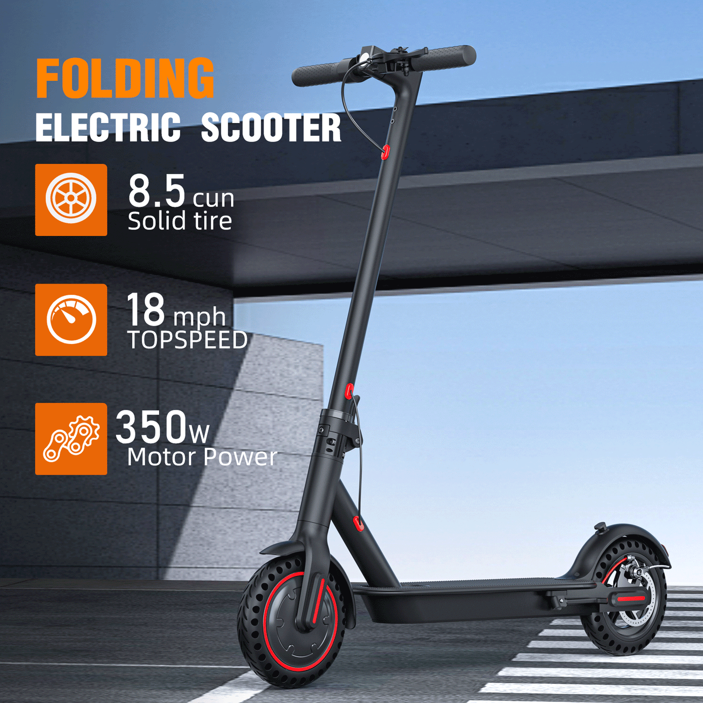 350W Electric Scooter, 36v-10.4Ah - 30km Range, Solid Tires, App Control, Disc Brakes, IP54 Water Resistant