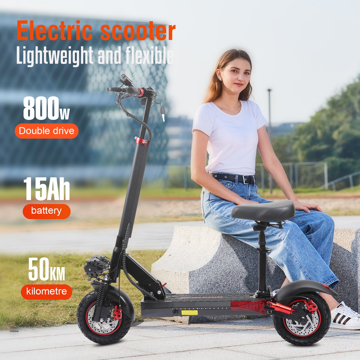 800W Rear-Wheel Drive Electric Scooter – 55km Range, 45km/h, 10” Off-Road Tires, IPX5